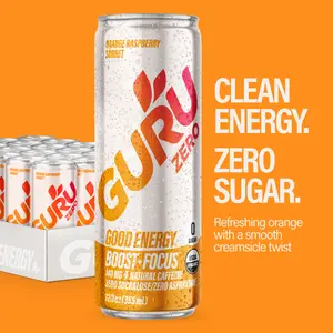 GURU ZERO SUGAR Organic Energy Drink, Orange Raspberry Sorbet with Plant Based Natural Caffeine from Green Tea, Coconut Water, Prebiotic, Zero Added Sugars, Gluten Free & Vegan, Pre Workout Beverage, 140MG Caffeine, 12 Oz (Pack of 24)