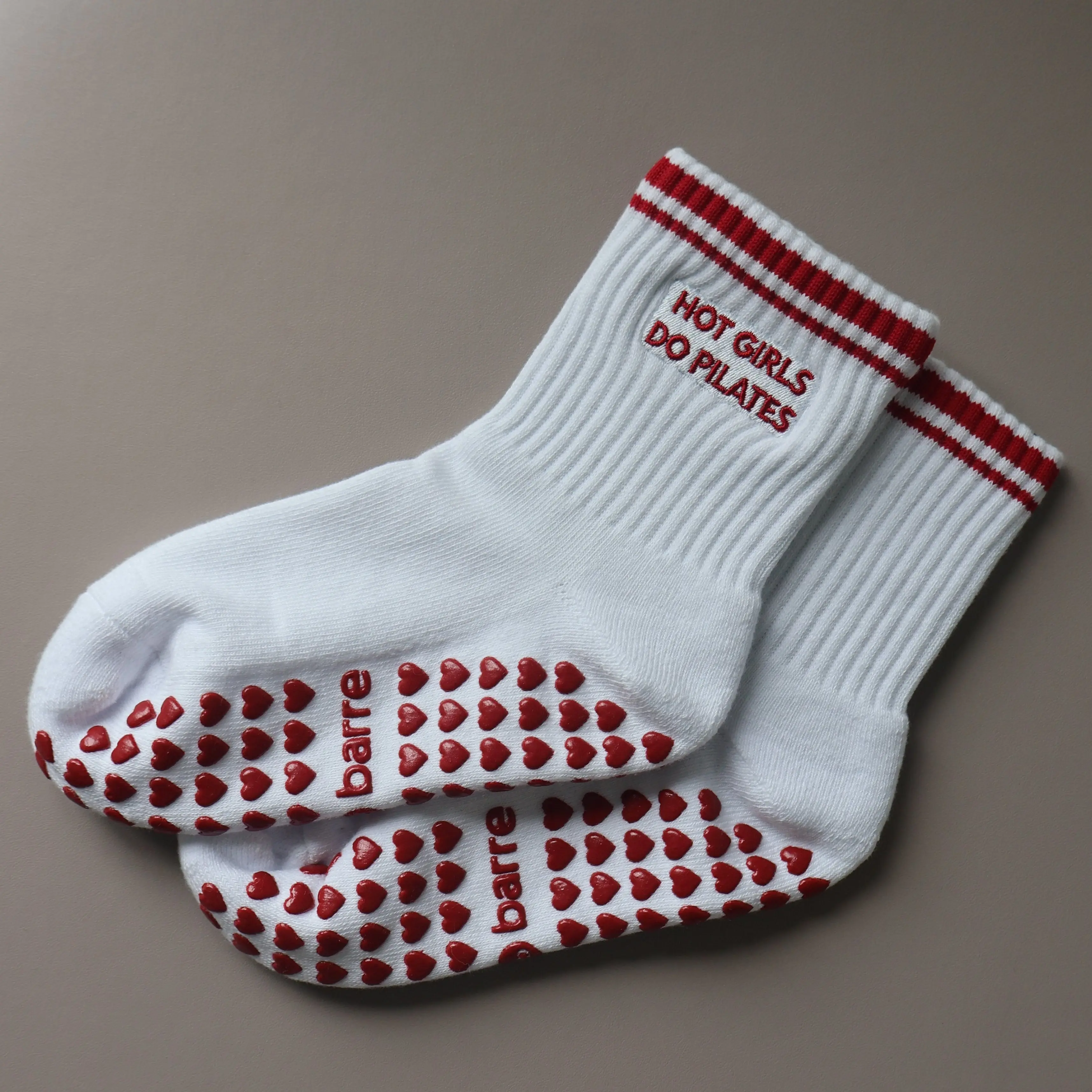 Hot Girls Do PILATES Socks - WHITE/RED - Cute Pilates Grip Socks - Grippy socks for reformer pilates - heart grip socks for fitness