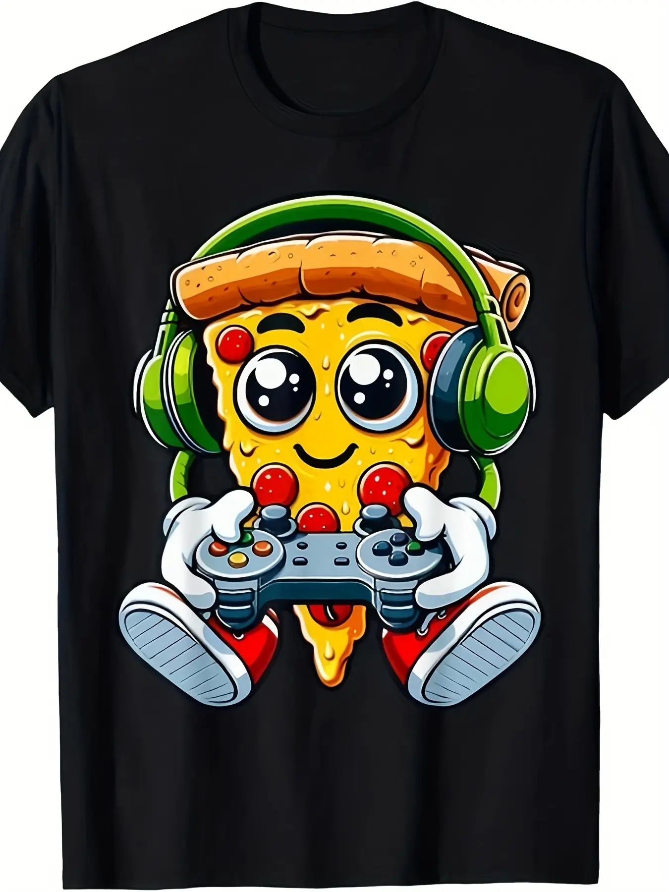 Funny Gamer Pizza Gaming Food Lovers Play Video Ga unisex soft cotton short sleeve t shirt, vintage graphic casual tee for men women teens, perfect birthday holiday gift for camping travel gym daily street casual wear