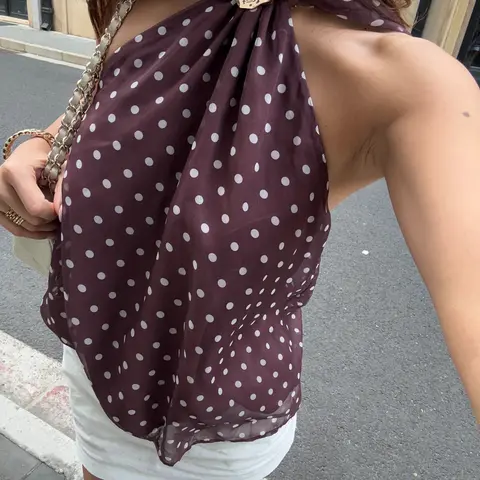 Polka Dot Neck Scarf Top for Women Backless Camisole Top Slim Cami Satin Blouse Elegant Fitted Sleeveless Casual Chic Going Out Vacation Streetwear Fashion Outfit Summer Party Tops Trendy Sexy Cut Out Cami Corset Tank Ladies Clothing