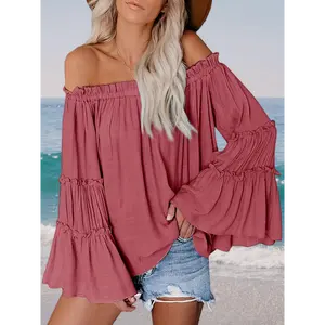 Womens Off The Shoulder Bell Sleeve Top Flared Casual Loose Blouse Collar Fabric