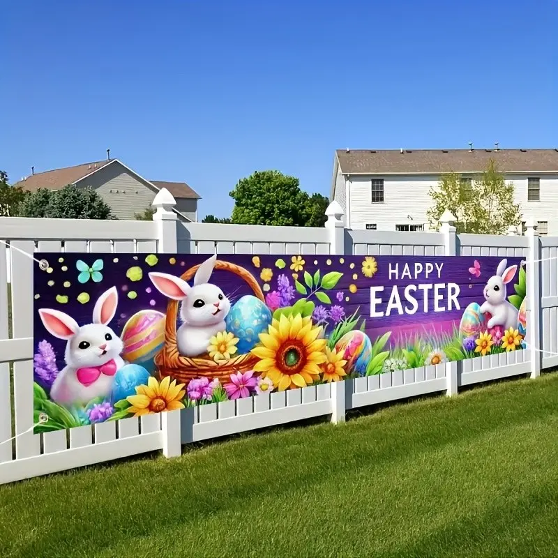 Easter Happy Banner, Colorful Bunny Carrot Egg Design, Polyester Material, 17.7x78.74 Inches, Perfect for Home Garden Celebrations