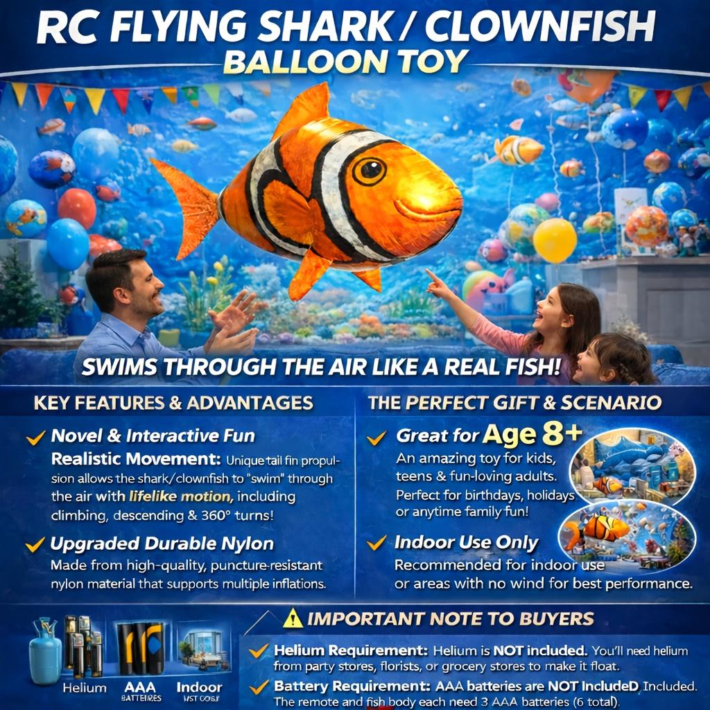 Remote-controlled shark toy, swimming fish, infrared remote-controlled animal toy, flying balloon, clownfish toy, party decoration balloons, anti-gravity indoor toy that floats in the air