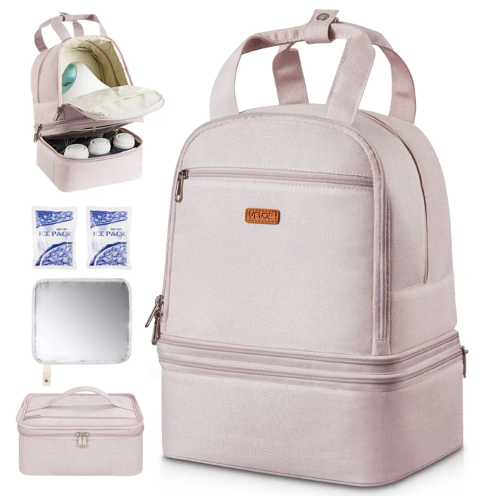 VEVOR Polyester Insulated Breast Pump Backpack for Working Moms, 10.6x9.4x13.4 inches, Travel Bag with Ice Packs & Built-In Organizer, Fits S1/S2, Holds Pumping Accessories & Breastmilk Storage, Light Pink Easy-to-Clean Portable Case