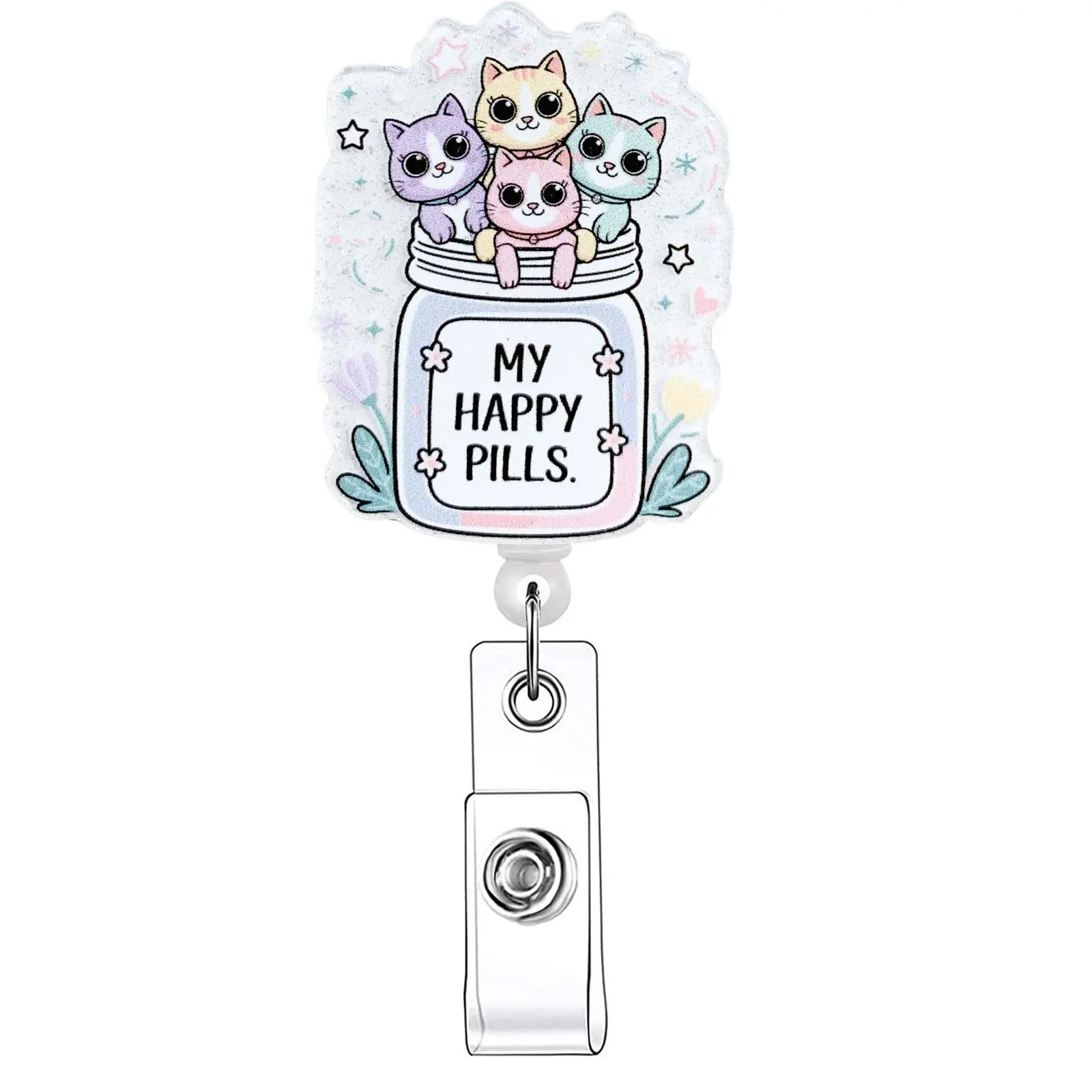 Cute Cat Pattern Retractable Badge Reel, Acrylic ID Holder with Clip for Nurses, Doctors, Students & Office Staff