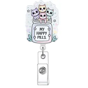 Cute Cat Pattern Retractable Badge Reel, Acrylic ID Holder with Clip for Nurses, Doctors, Students & Office Staff