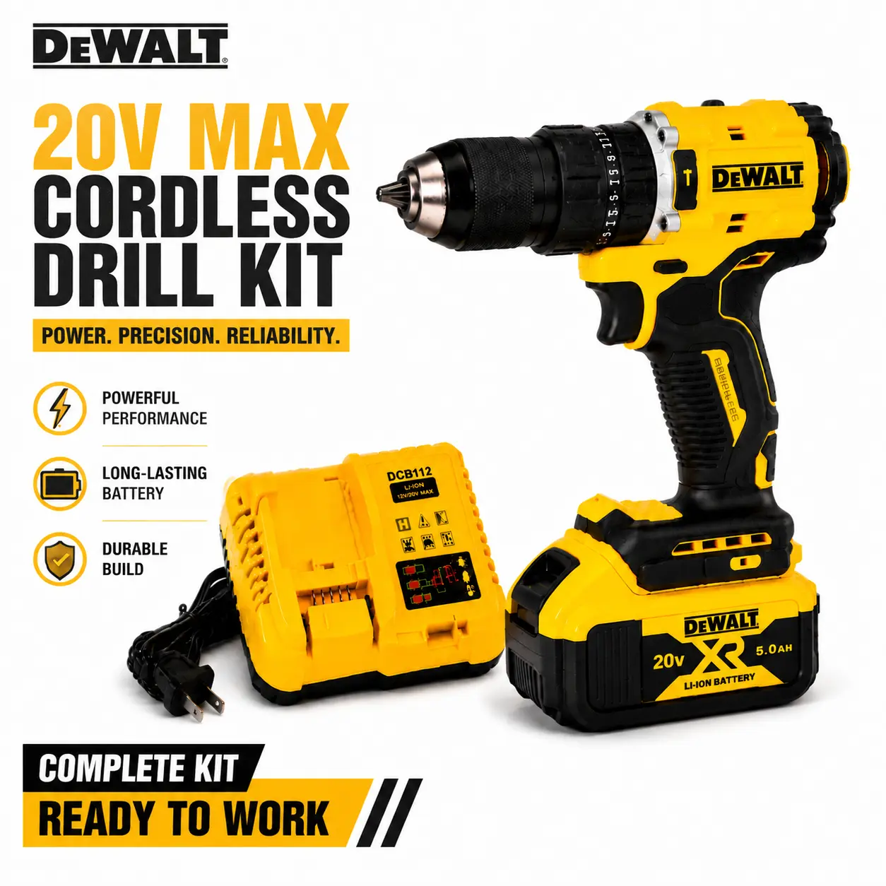 DEWALT Cordless Drill Set,Powerful Drilling & Screwdriving,Durable Metal Gear & Reinforced Housing,Compact Ergonomic Design, Rechargeable Battery Power Tool Kit, High Performance DIY Tools,Home Repair,Woodworking,Garage,Workshop & Construction Projects