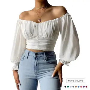 Danedvi Womens Elegant Off The Shoulder Puff Sleeve Blouse Summer Chiffon Slim Fit Party Crop Top streetwear  women Shirts Casual