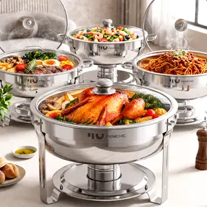 Femchic 6.5QT Silver Chafing Dishes for Buffet, 2/4 Pack Stainless Steel Round Chafer Set with Glass Lid, Stackable & Smooth Rim, Dishwasher Safe, for Catering, Parties, Weddings & Holiday Gatherings