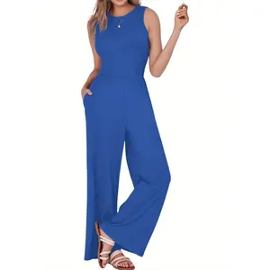 Women's jumpsuits, sleeveless round-neck jumpsuits, casual one-piece sets, wide-leg long pants jumpsuits