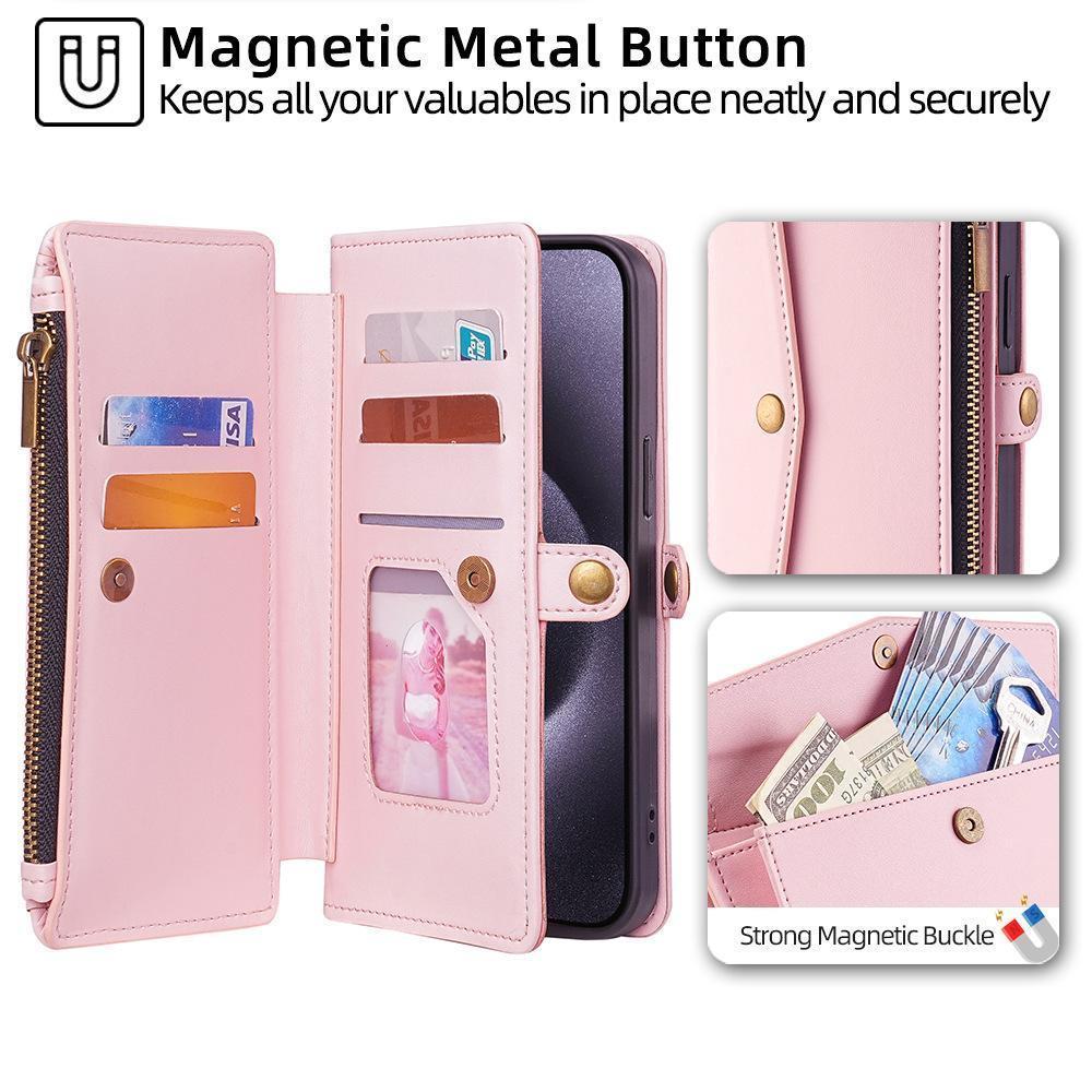 Smartphone, women's wallet protective case, supports wireless charging, with RFID card holder, detachable magnetic case, crossbody strap, wristband zipper mobile wallet, Cash, Protection, Accessories For iphone 17 phone case /16/15/14/13/12 Pro Max Plus