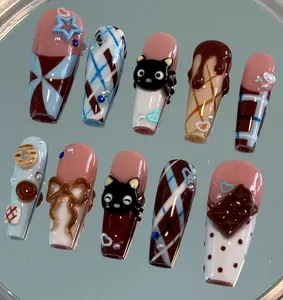 Trendy Y2K Kawaii Press-On Nails Set, Reusable Glue-On Nails with 3D Chococat, Bear, Bow, Plaid Checkered & Dessert Designs for Cafe Lovers