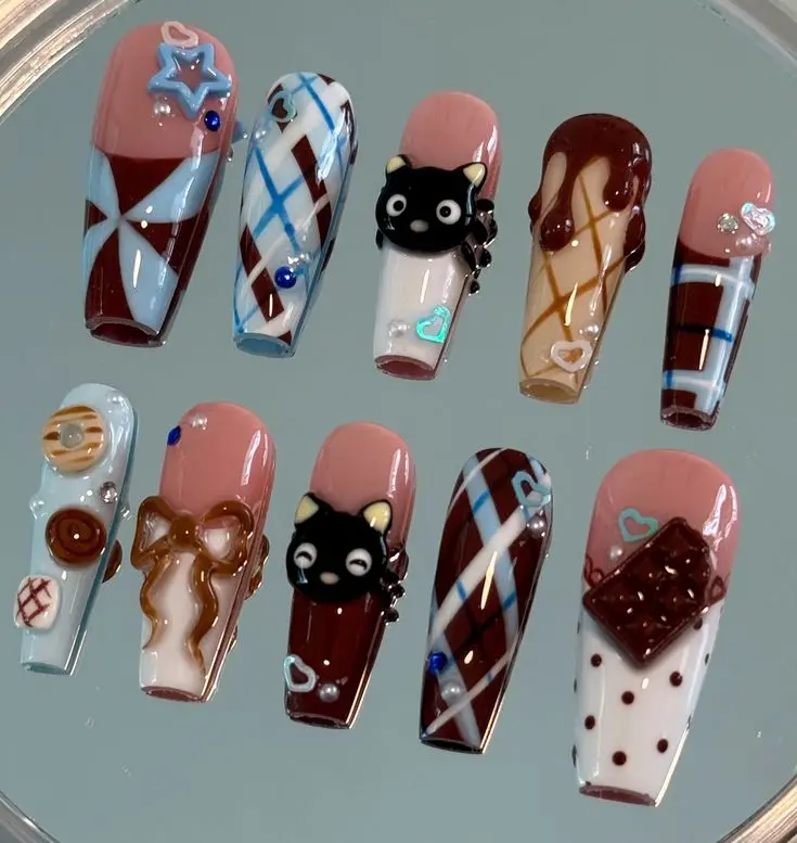 Trendy Y2K Kawaii Press-On Nails Set, Reusable Glue-On Nails with 3D Chococat, Bear, Bow, Plaid Checkered & Dessert Designs for Cafe Lovers