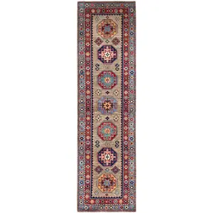 Linen Beige, Afghan Special Kazak with Colorful Geometric Pattern, Multiple Border, Shiny Wool, Hand Knotted Natural Dyes, Densely Woven Runner Oriental Rug (2'7"x9'8")
