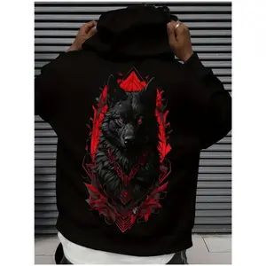 Men's Gothic-style Wolf King print hooded sweatshirt, black base with red and white Wolf and fangs patterns, thickened hooded sweatshirt, long-sleeved casual Gothic streetwear, machine washable (Wolf pack style)