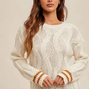 Speckle Yarn Cable Knit Crew Neck Sweater with Orange Accents on Sleeves