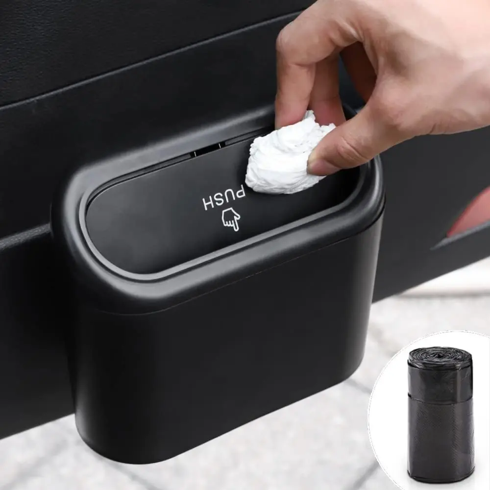 Plastic Body Mini Dustbin with Bounce Leak-Proof Lid - Water-Resistant Car Interior Stowing & Tidying Accessory, Single Unit Trash Organizer with 30 Pcs Trash Bags, High-Strength Hook, Fits Vehicle Central Consoles, Door Edges, Living Room, Bedroom