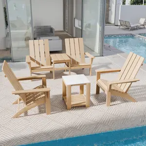 [2 Packages Shipping] Kullavik 4-Piece Adirondack Chair Set with 2 Side Tables - All-Weather HDPE Patio Furniture for Garden, Backyard, Porch, Pool & Deck - Teak-Finish