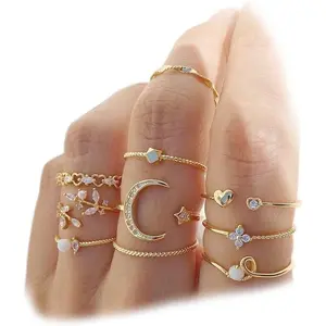 Boho Retro Stackable Rings Sets for Women Knuckle Joint Finger Knuckle Nail Ring Sets Moon Stars Stack Preppy Statement Rings Cute Trendy Stuff Jewelry