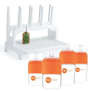 PopYum Orange Formula Making Baby Bottle 4-Pack Set with White Drying Rack Bundle