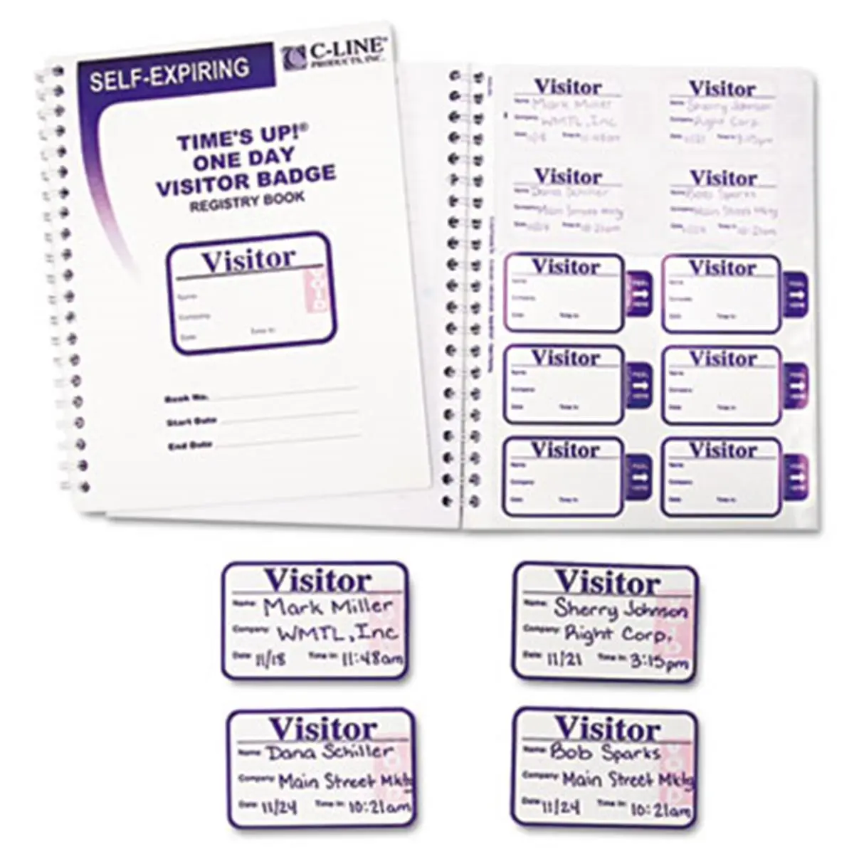 C-Line Time's Up Self-Expiring Visitor Badges w/Registry Log- 2 x 3- White- 150/Box