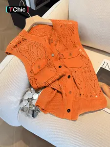 Chic Women's Hollow Out Knit Sweater Vest in Orange Round Neck with Fake Pockets Button Accents Regular Length Semi-Sheer Fabric