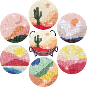 Pack of 6 Diamond Painting Coasters with Holder, Abstract Landscape Diamond Art Coasters Diamond Small Painting Kits for Beginners, Adults Art Craft Supplies
