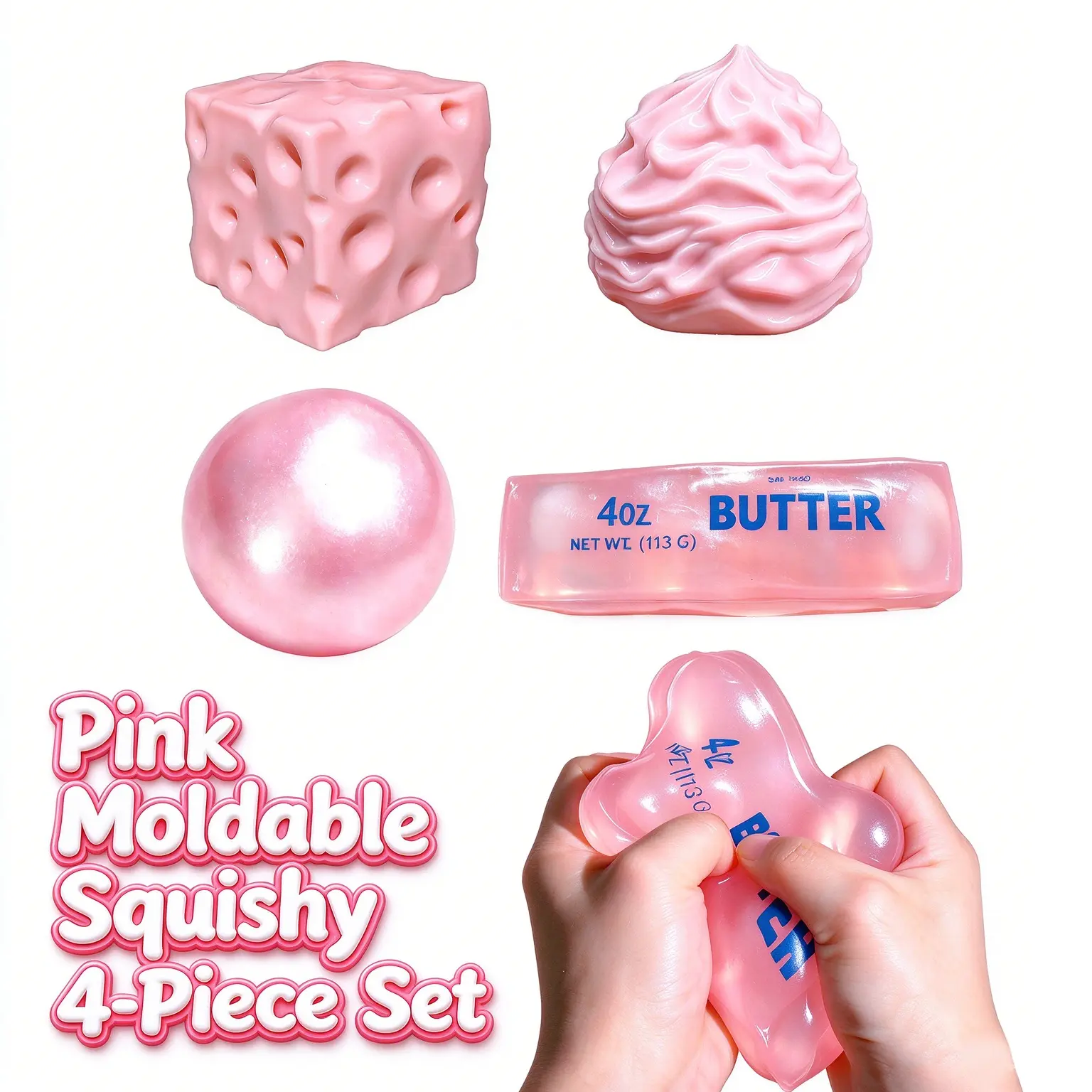 Pink 4-Piece ASMR Squishies Box Set, Soft, Stretchy & Moldable, Realistic Novelty Shapes (Butter, Cream, Coconut Ball, Cheese), Fun Party Gift, Cute Desktop Ornament, Squishies Box Sets