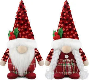 Christmas Gnomes Male & Female Figurines, Xmas Winter Elf Dwarf Decorations, for Home Kitchen Farmhouse Tiered Tray Holiday Festival, Scandinavian Tomte - Red