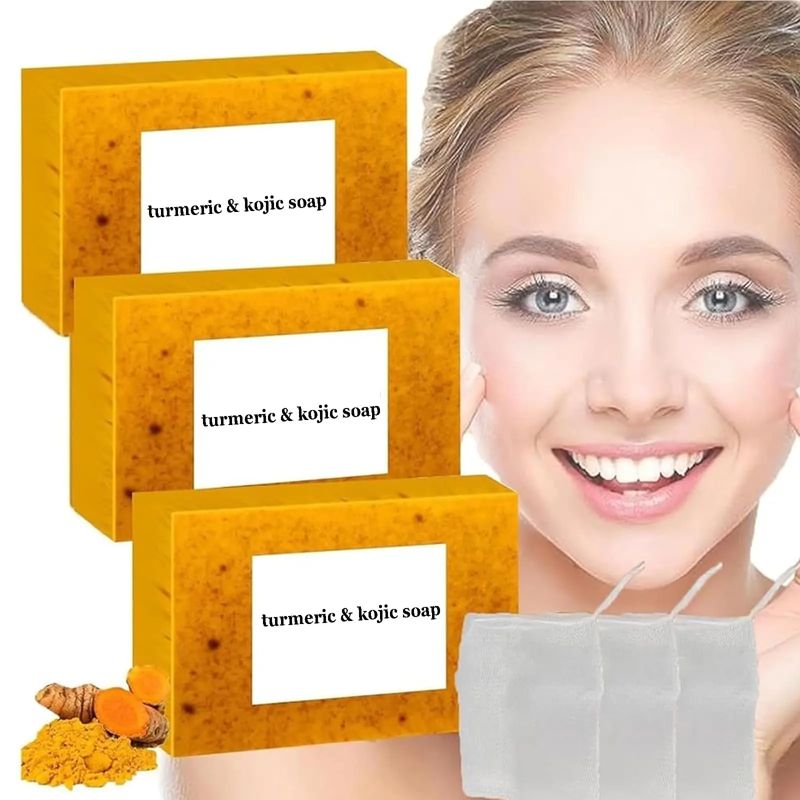 3PCS Lemon Turmeric Soap,Turmeric Soap Bar for Face and Body,Lemon Turmeri c Soa p infused with turmeric Extract, Soft, gentle and effective