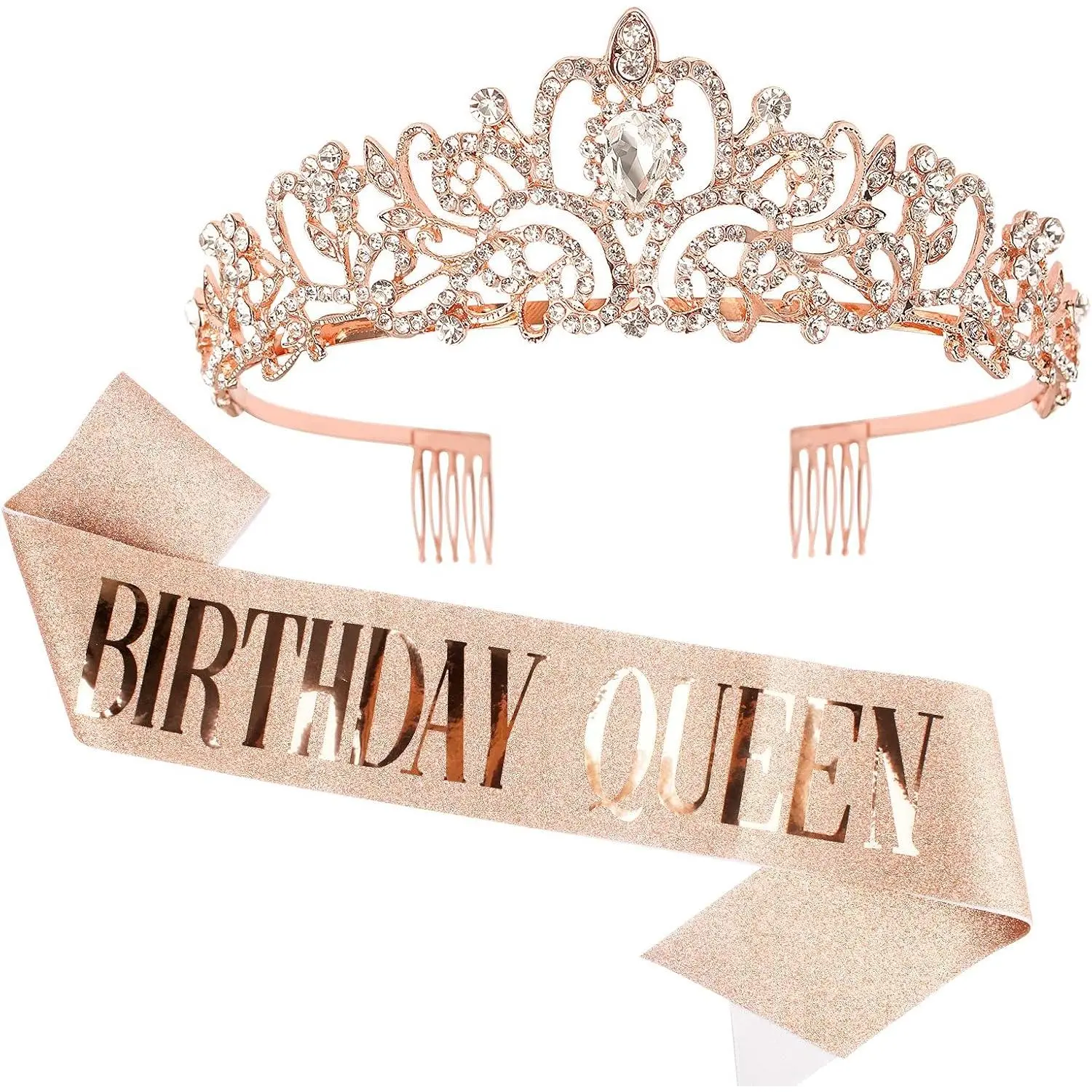Birthday Crown and Queen Sash - Rose Gold Tiara for Women, Princess Crown With Rhinestone - Happy Birthday Accessories Favor
