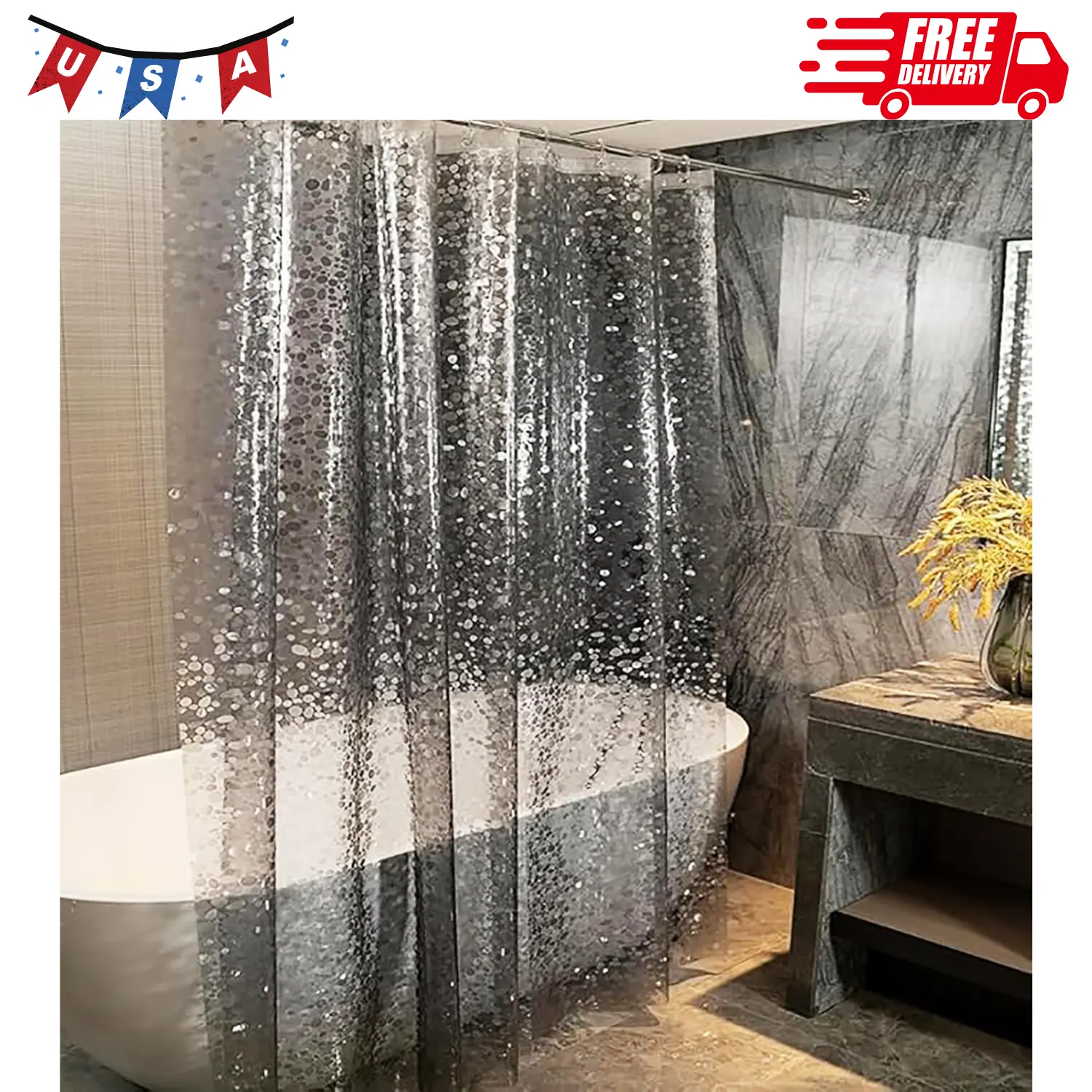 Shower Curtain Liner, 100% Waterproof Eva Shower Curtains Grey Stone