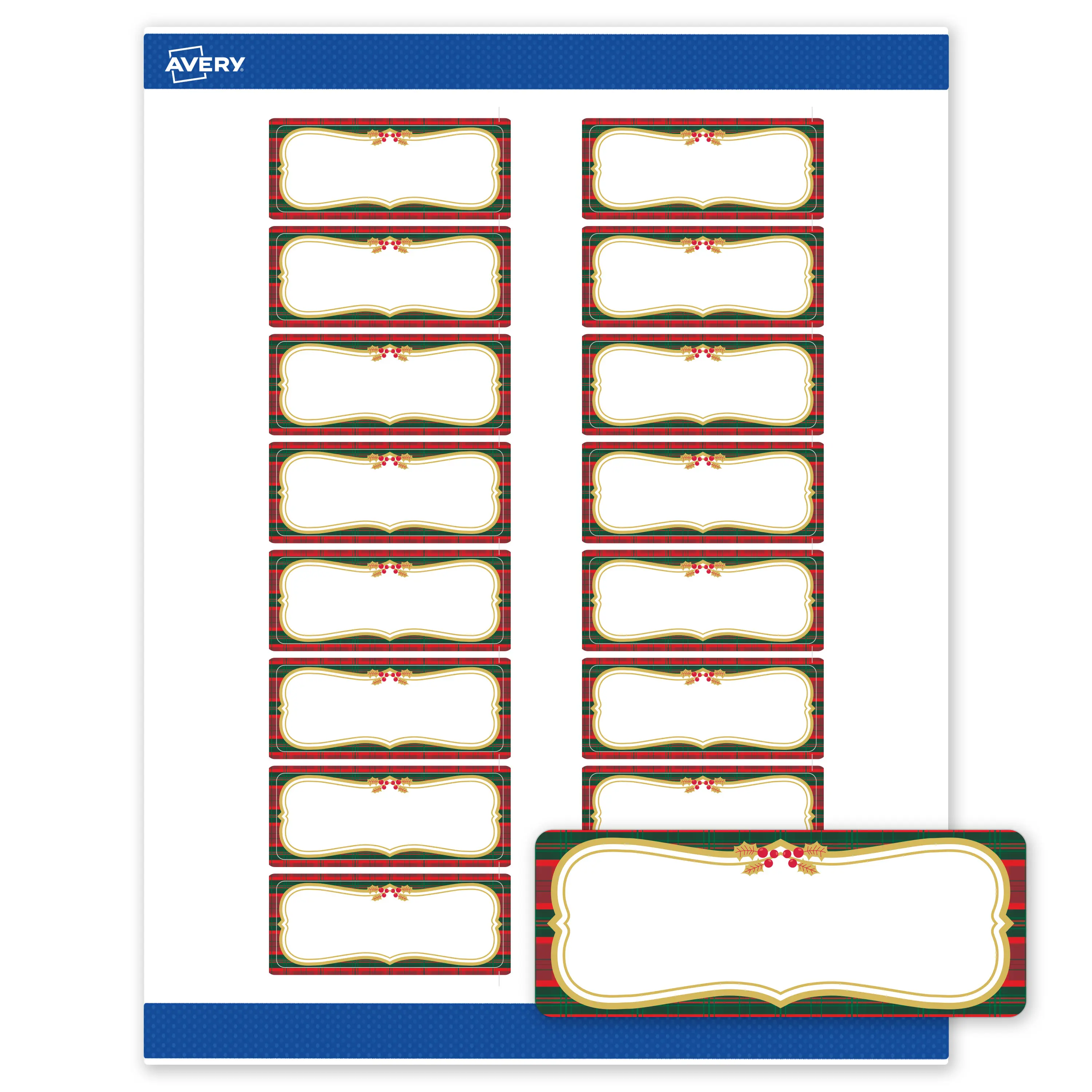 Avery® Printable Christmas Address Labels with Sure Feed® Technology, 1" x 2-5/8", Pre-Printed Red & Green Plaid with Metallic Gold Frame Design, Matte White, Laser & Inkjet Compatible, 160 Total