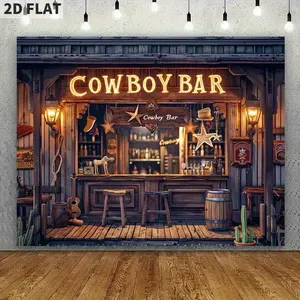 Vintage Western Bar Background Cloth, Cowboy Theme Party Decoration, Wooden Bar and Wheel Barrel, Perfect for Autumn and Winter Events