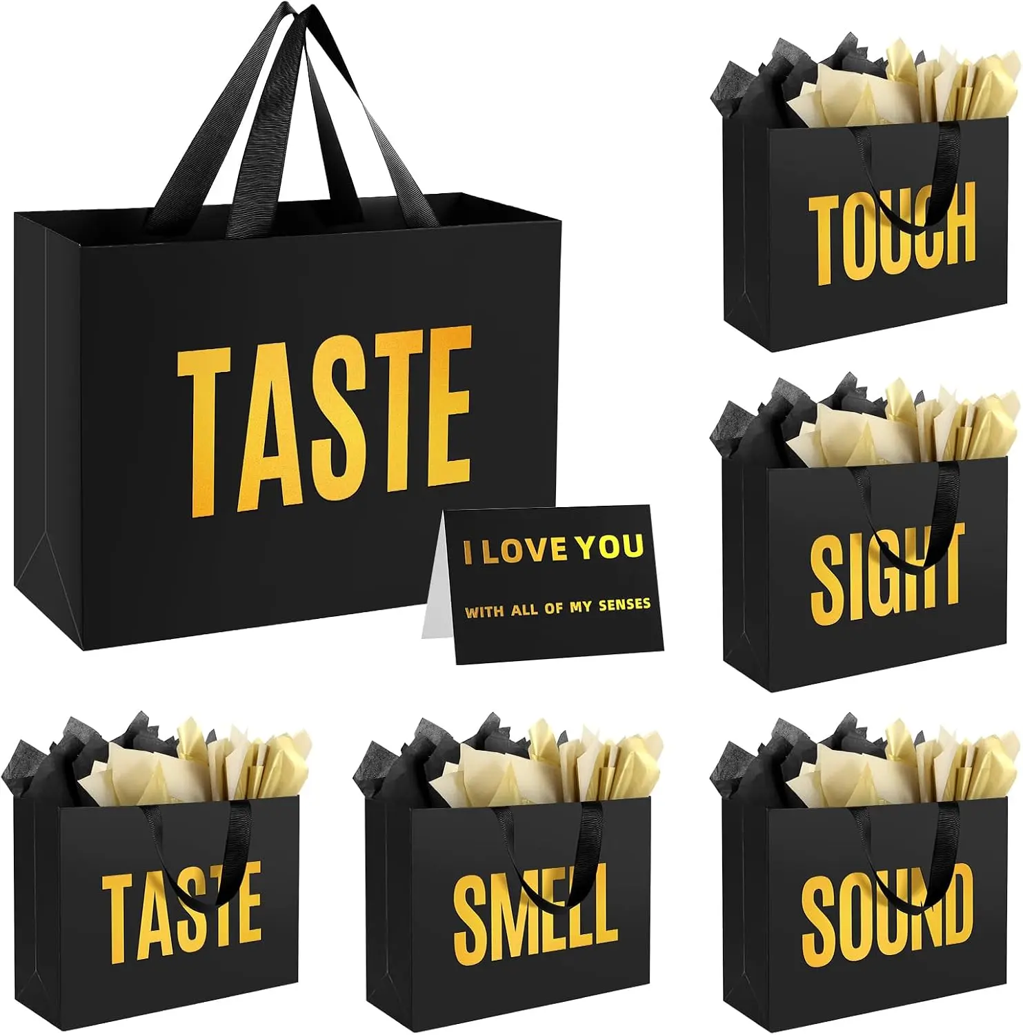 5 Senses Gift Bags for Him with Labels and Tissue Paper | 12.6x8.7x4 Inches Black Medium – Sight, Smell, Touch, Taste & Sound Themed for Men Birthday, Anniversary, Wedding