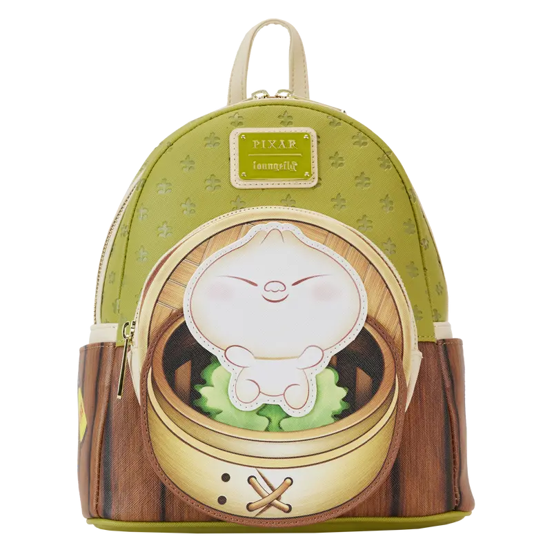 Loungefly Bao Bamboo Steamer Mini Backpack, Novelty Vegan Leather Bag with Shiny Gold Hardware and Adjustable Straps, Chopsticks, Steamed Dumplings
