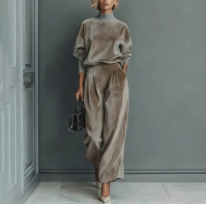 Women Fall Winter Luxury Knit 2-Piece Outfit Set, Long Sleeve Knitted Top & High Waist Wide Leg Pants, Elegant Office Commuter Matching Suit