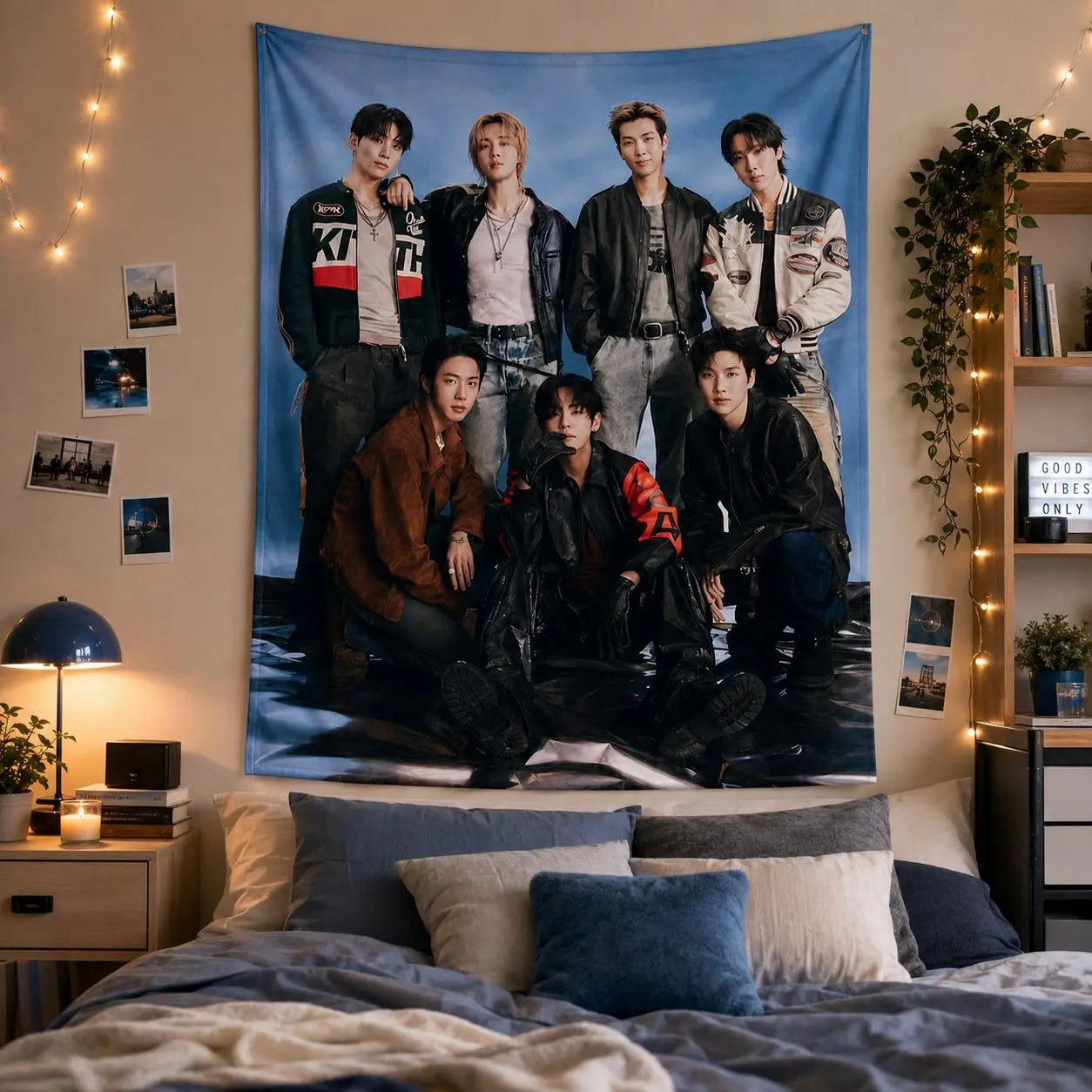 Korean 7-Member Boy Band Inspired Tapestry, Vintage Streetwear Idol Photo Wall Hanging, K-Pop Fan Bedroom Banner, Large Fabric Dorm Wall Art, Teen Girl Music Lover Gift (Home & Concert Room Decor)