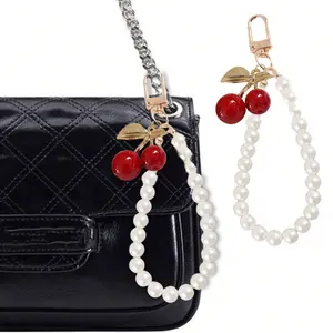 Cherry and Imitation Bead Pendant Keychain with Ring, Cherry Accessory for Bags and Backpacks, Perfect Gift for Women and Friends