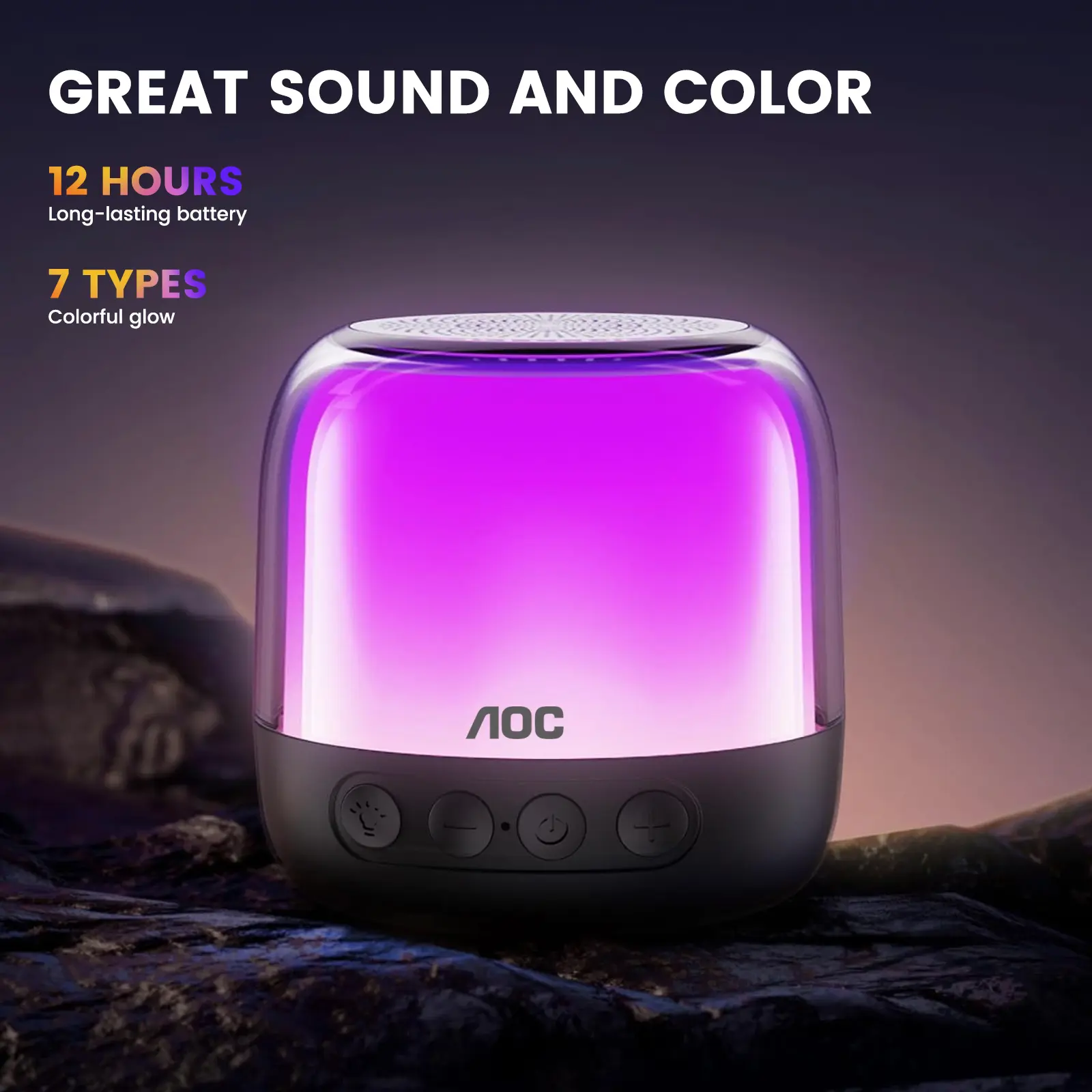 AOC Portable Bluetooth Speaker with 7 RGB Light Modes 12H Battery TWS Stereo Wireless Subwoofer for Desk Setup Gaming & Camping
