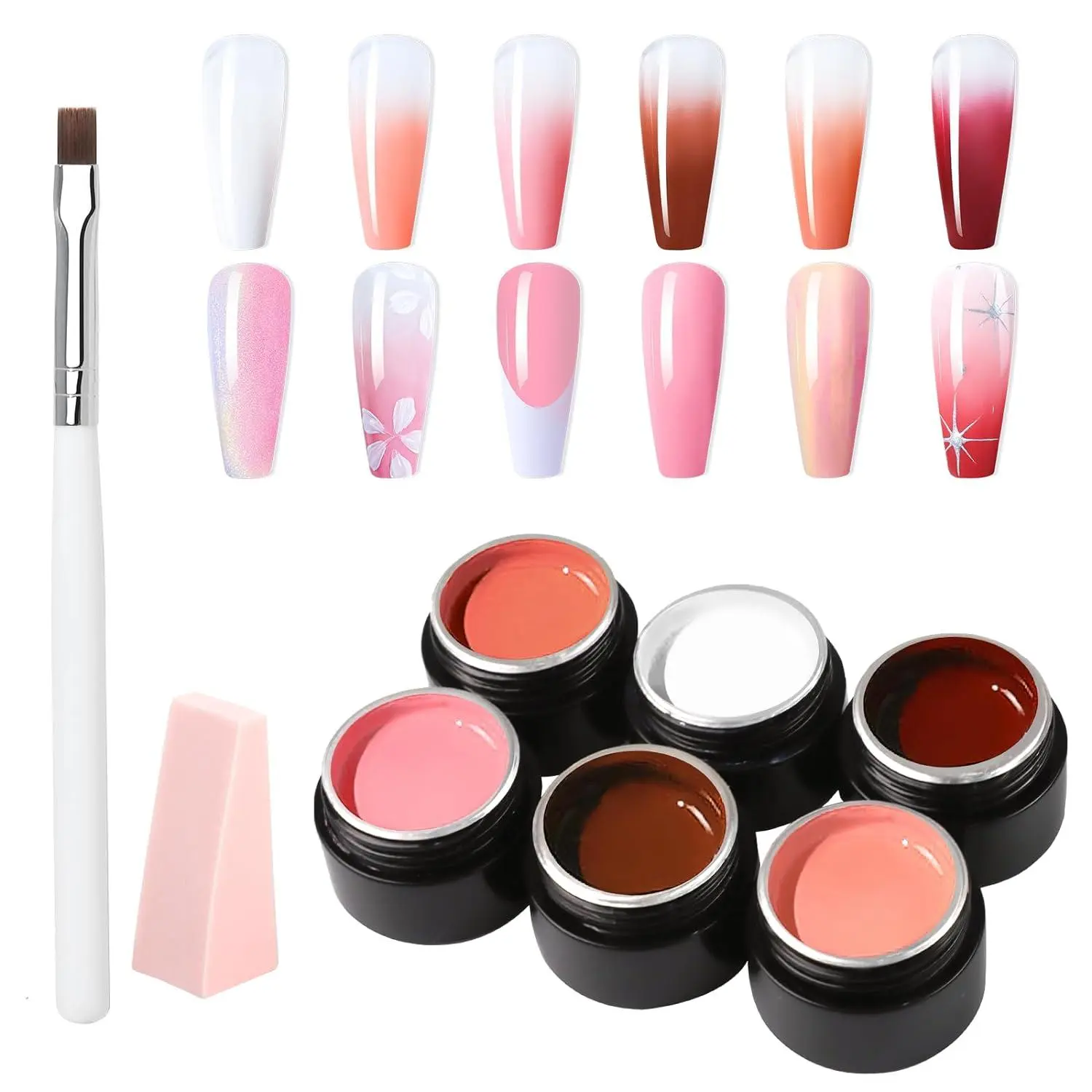 Makartt Pat Ombre Gel Kit with Brush & Sponge, 6 Nude Colors for Blush Nails, 21+ Day Wear Nail Care Polish with Natural Resins, Low-Odor, Nail Gel Set, Aura