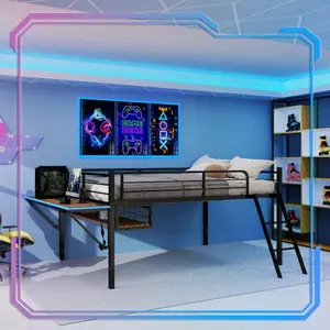 FULL Size Metal Loft Bed with Built-in Desk & LED Light Strip, Black Loft Bed Frame with Safety Guardrails, Inclined Ladder & Under-bed Storage Space, No Box Spring Needed for Teens Bedroom (Black/White)