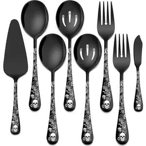 Skull Pattern Tableware Set, 5pcs/8pcs Stainless Steel Serving Spoon & Fork & Slotted Spoon & Butter Knife, Kitchen Utensils for Party, Cutlery