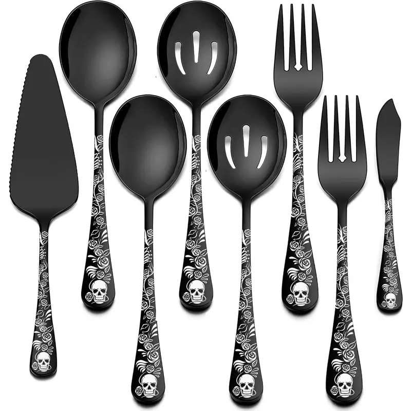 Skull Pattern Tableware Set, 5pcs/8pcs Stainless Steel Serving Spoon & Fork & Slotted Spoon & Butter Knife for Party, Serving Utensils