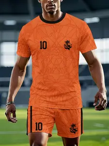 Men's 3D Digital Print Round-Neck Football Set, Netherlands Team Geometric Lion Head No.10 Print Set, Machine Washable, Casual Sportswear, Essential for Sports Enthusiasts, a Thoughtful Gift for Him