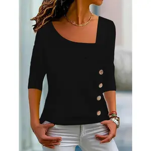Women's Casual Square Neck Button Front Cardigan Top - Long Sleeve Stretchy Gold Buttons, All-Season Pure Black Machine Washable Shirt, Elegant Matching Piece, Exquisite Button Details, Comfortable Fit for Daily Wear, Fashionable Women's Outfit