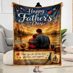 1pc Flannel Blanket, Father'S Day Fishing Father-Son Pattern Print, Durable And All-Season Suitable, for Sofa Bed Travel Camping Home Decor, Ideal for Father And Family Use
