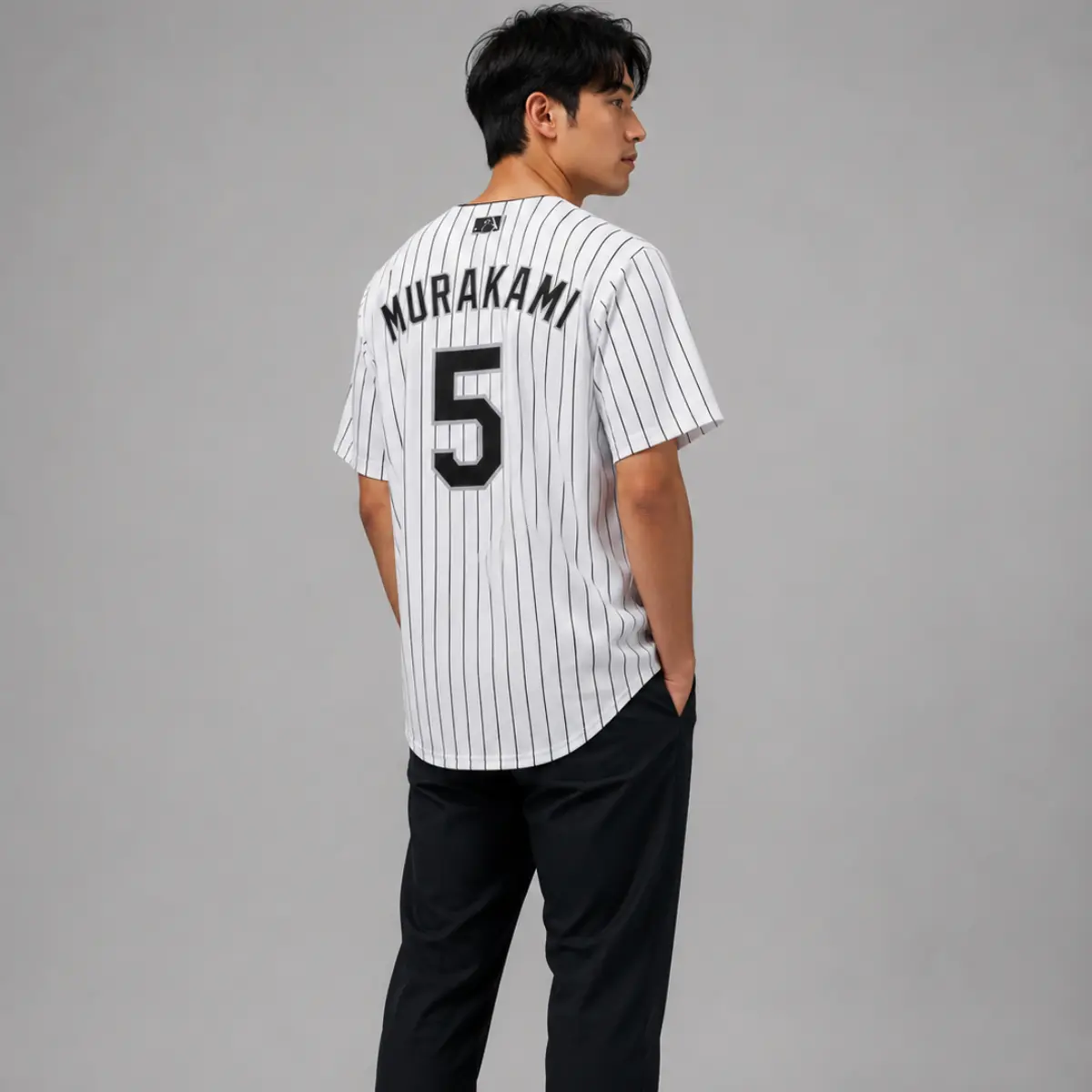 "Murakami 5 Pinstripe Back" Unisex Sports Style Jersey Tee, Casual Striped Graphic Shirt