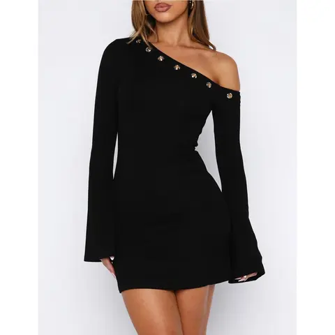Women Long Sleeve Mini DressSliver Eyelet Off One Shoulder Short Bodycon Dress for Daily Party Club