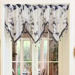 French Vintage Butterfly Embroidery Sheer Window Curtain, Fringe Lace Decorative Curtain, Living Room Bedroom Kitchen Doorway Curtains